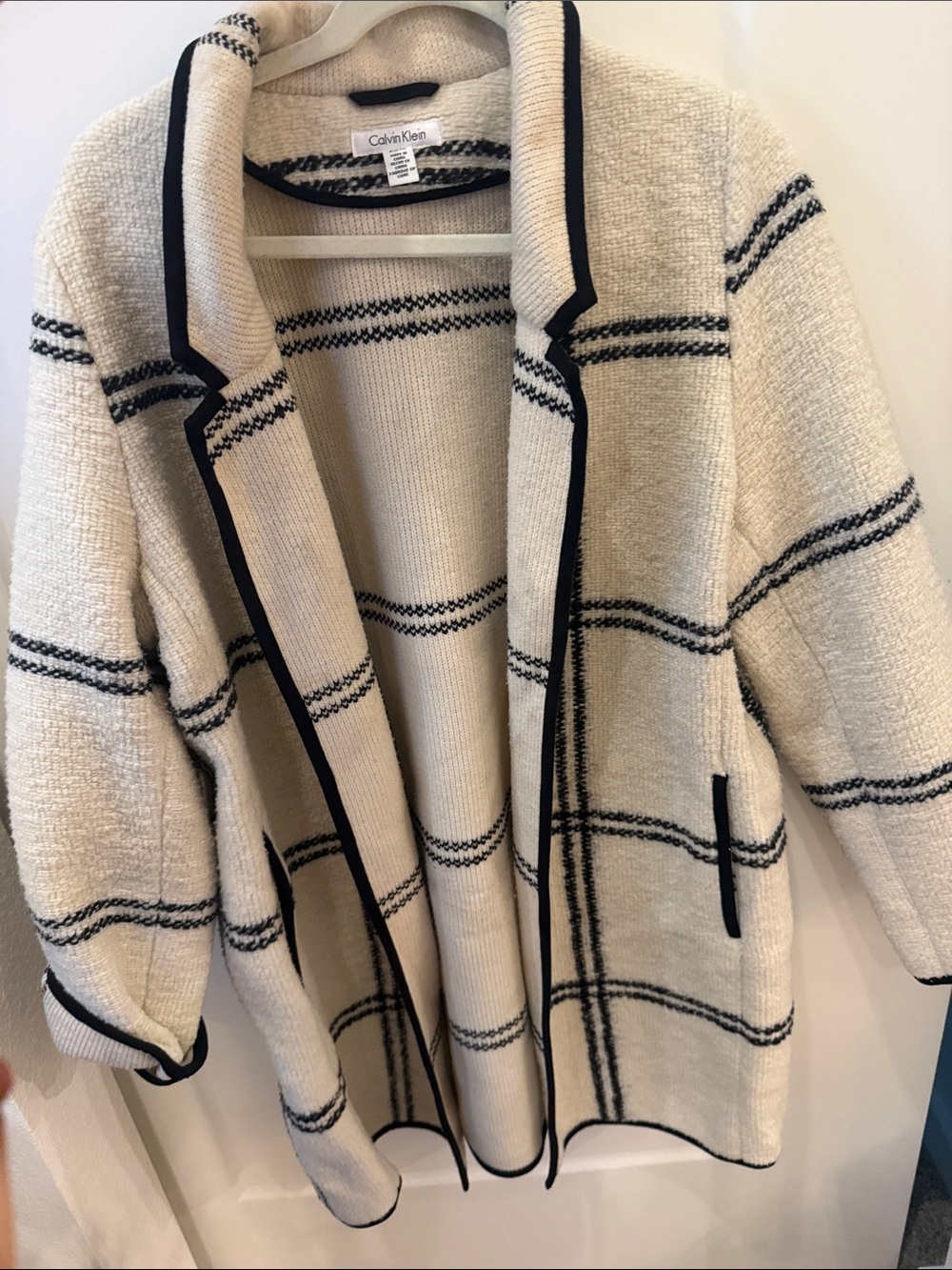 Calvin Klein Cream and Black Striped Open Cardigan